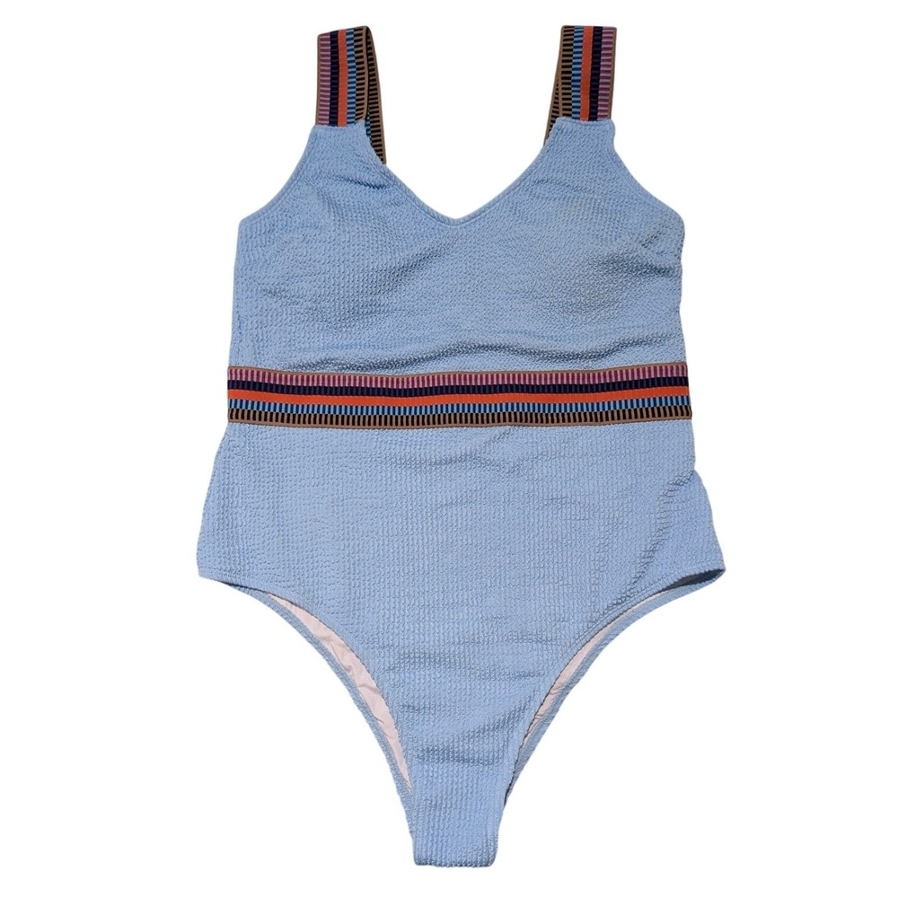 Cupshe Textured Colorblock V-Neck‎ One Piece Swimsuit Light Blue Large NWT
